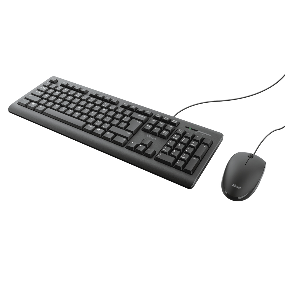 A black keyboard and mouse set on a white surface with a white background.