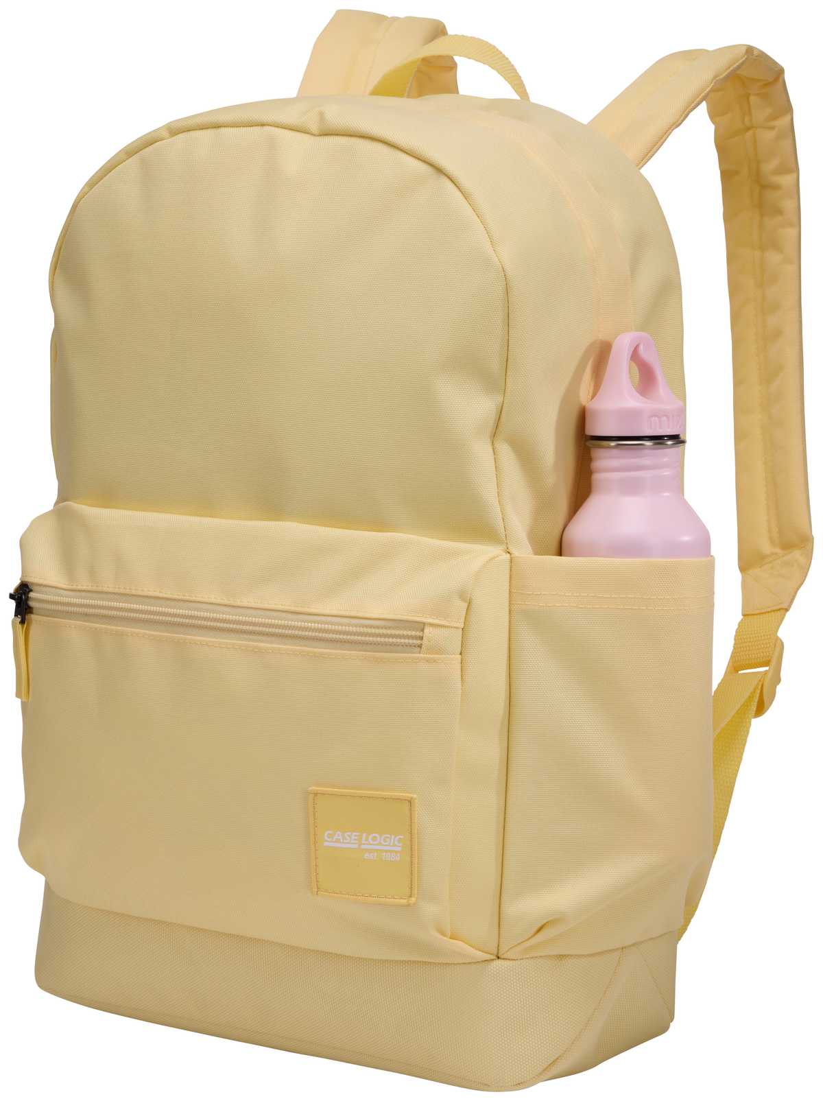 Un sac à dos jaune avec une bouteille d'eau rose dans sa poche latérale.