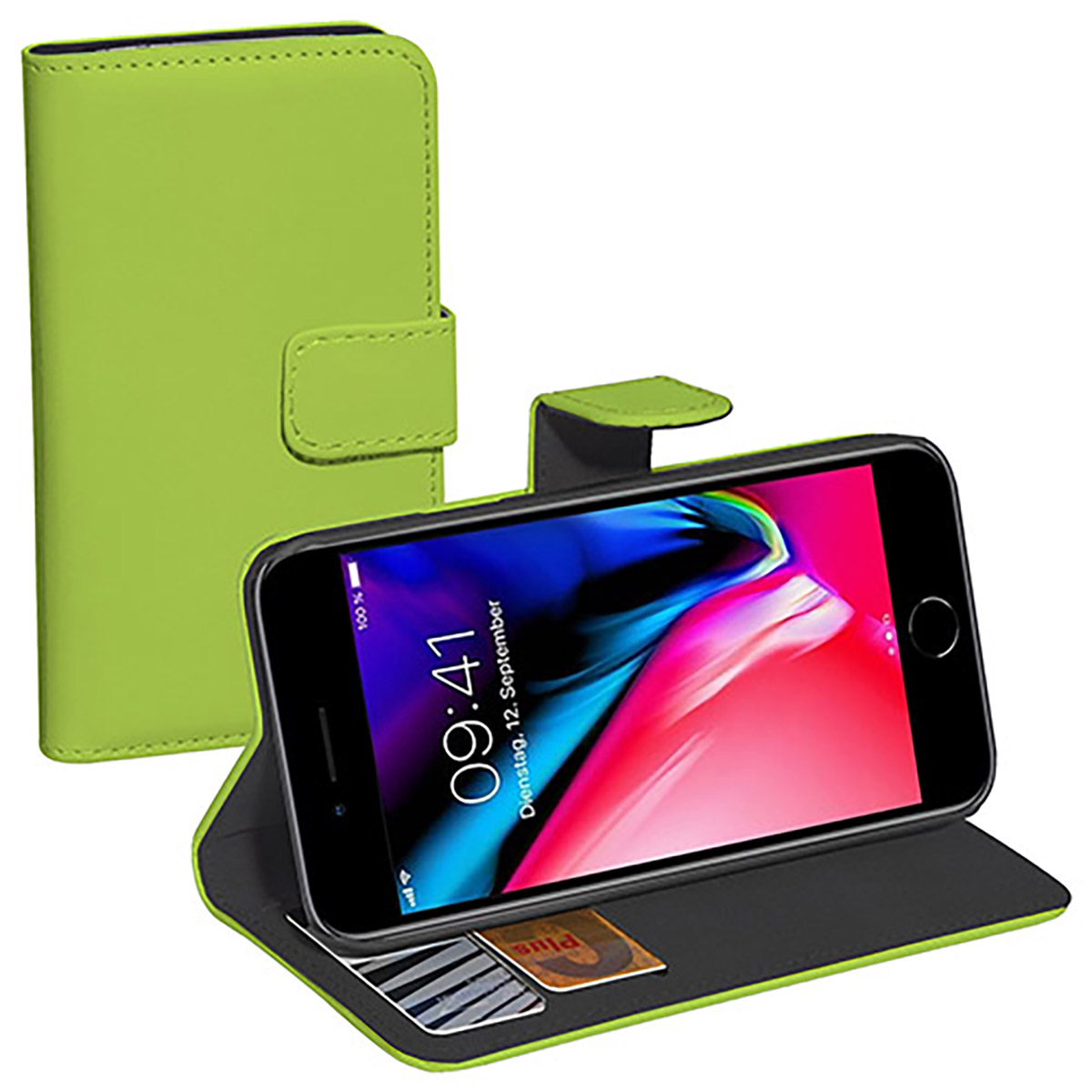 Eine grüne Handyhülle, die ein schwarzes Telefon und eine Karte hält. Die Hülle ist offen.