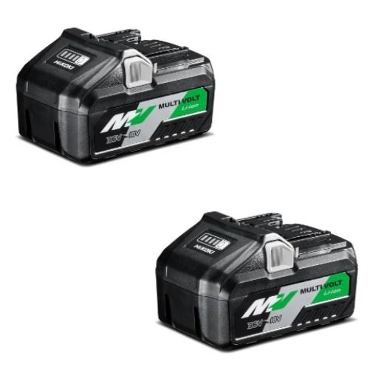Due batterie multi-volt nere e verdi con un pulsante bianco e indicatore di batteria.