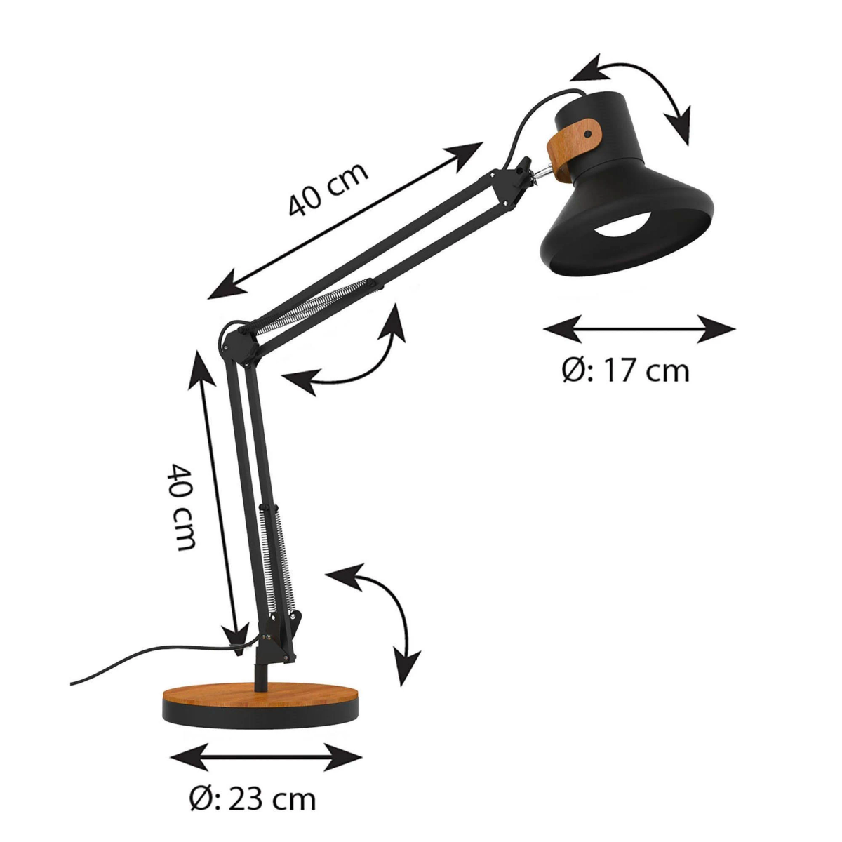 Schwarze Schreibtischlampe mit Holzsockel. Maße von Arm und Sockel sind beschriftet.