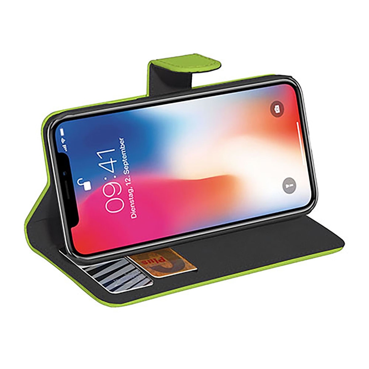 Smartphone in einer grün-schwarzen Folio-Hülle, die einen farbenfrohen Sperrbildschirm zeigt.