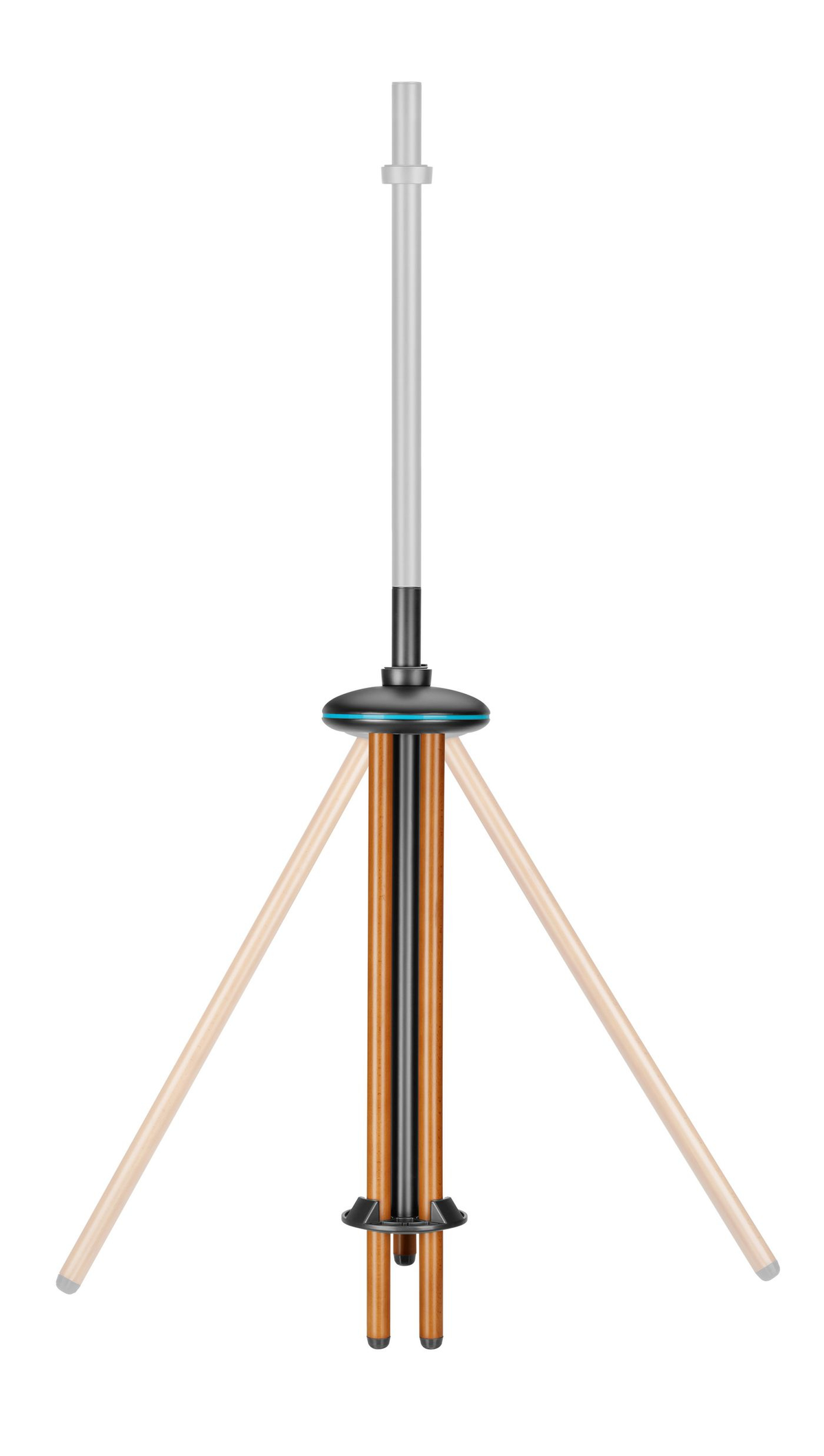 Un treppiede con tre gambe. Ha un palo centrale lungo e sottile e una parte superiore circolare.
