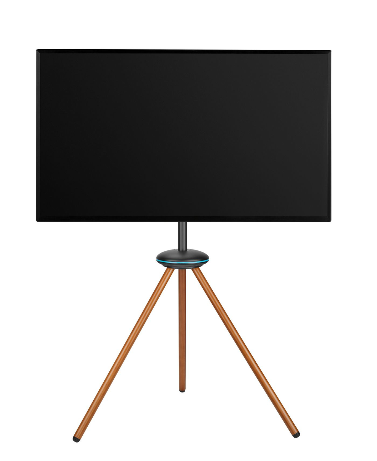 TV nera su supporto treppiede in legno. Schermo nero, gambe marroni, base blu.