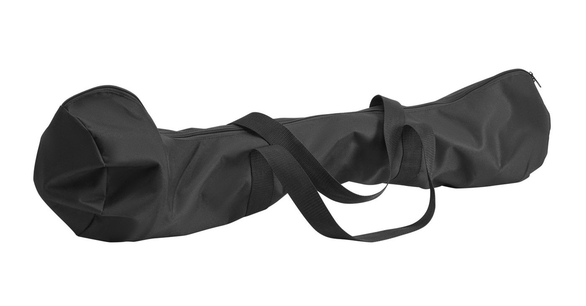 Borsa nera per hoverboard, con cerniera e maniglie, isolata su bianco.