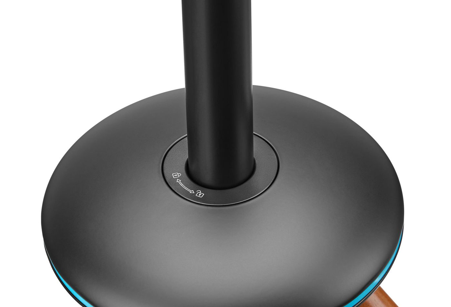 Un supporto nero e marrone. La base ha un design circolare con un simbolo di lucchetto e freccia.