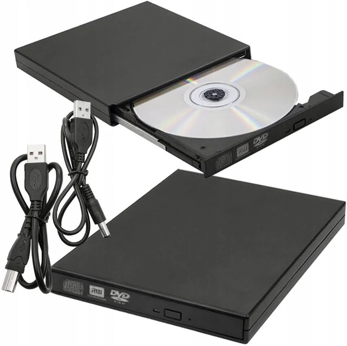 Czarny napęd DVD z płytą CD w środku, dwa kable USB.