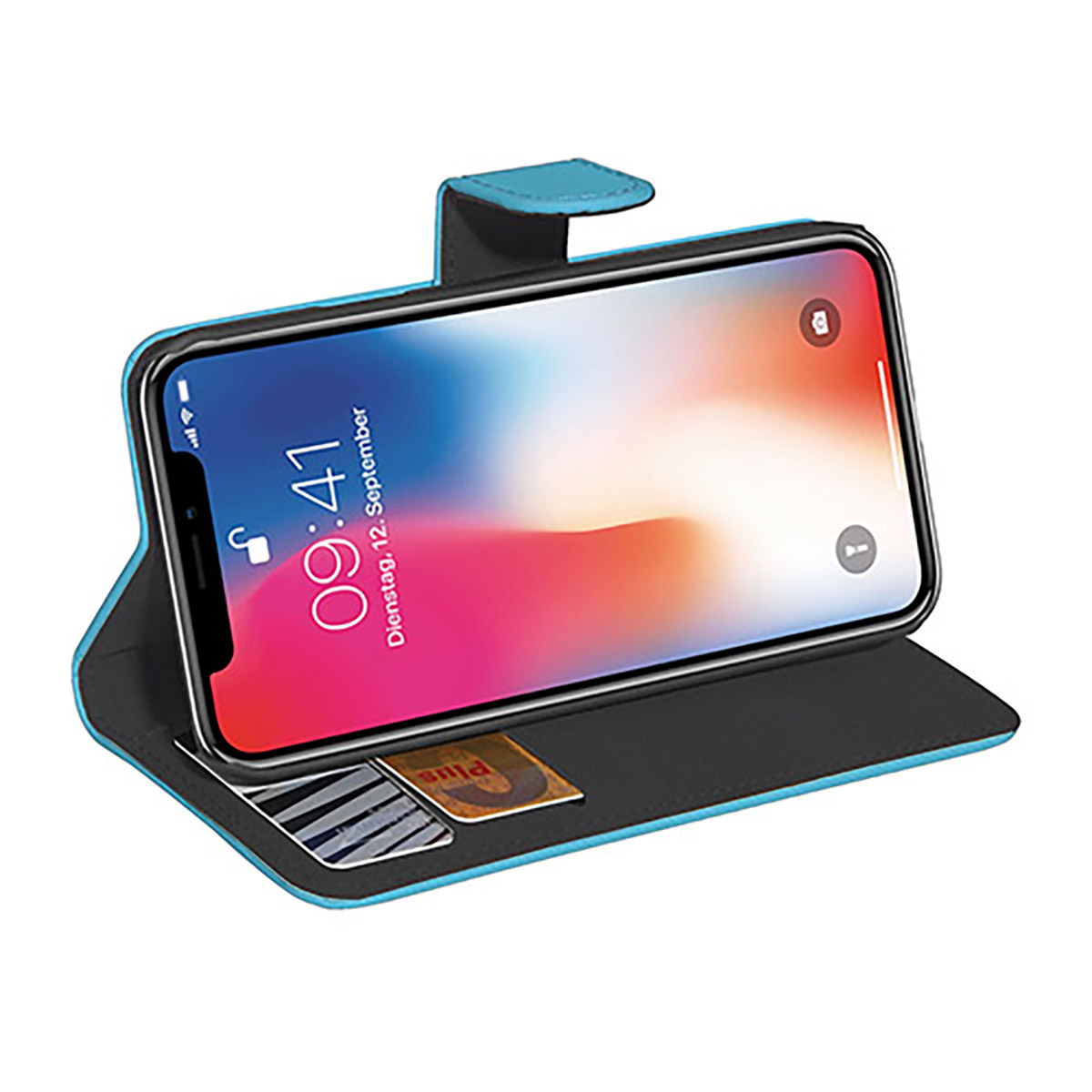 Ein Telefon in einem blauen Case mit Geldfach. Das Telefon zeigt ein Datum an.