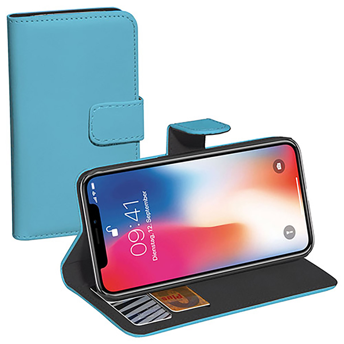 Blaue Handyhülle mit Telefon, das Datum und Uhrzeit zeigt, und Kartenfach.