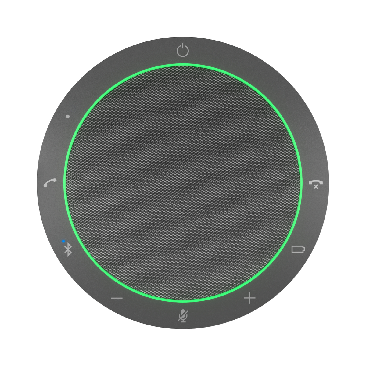 Altoparlante circolare con anello luminoso verde, circondato da icone di controllo.