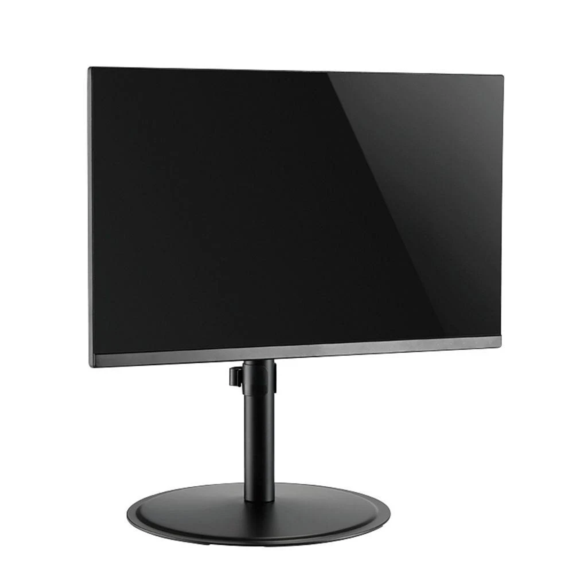 Moniteur d'ordinateur noir avec écran plat noir, sur pied noir, fond blanc.