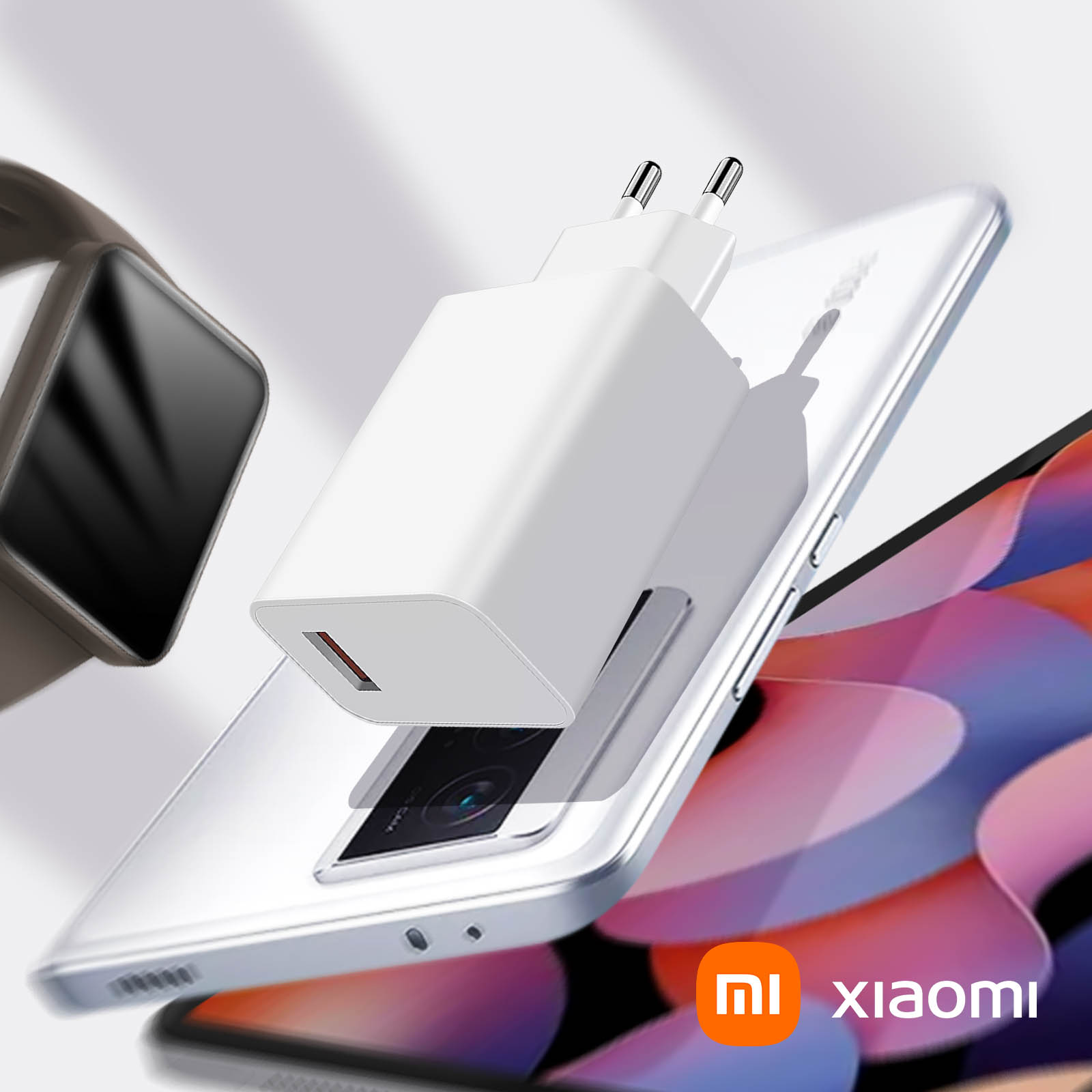 Weißes Ladegerät auf einem Telefon. Das Telefon hat eine Kamera. Xiaomi-Logo unten.