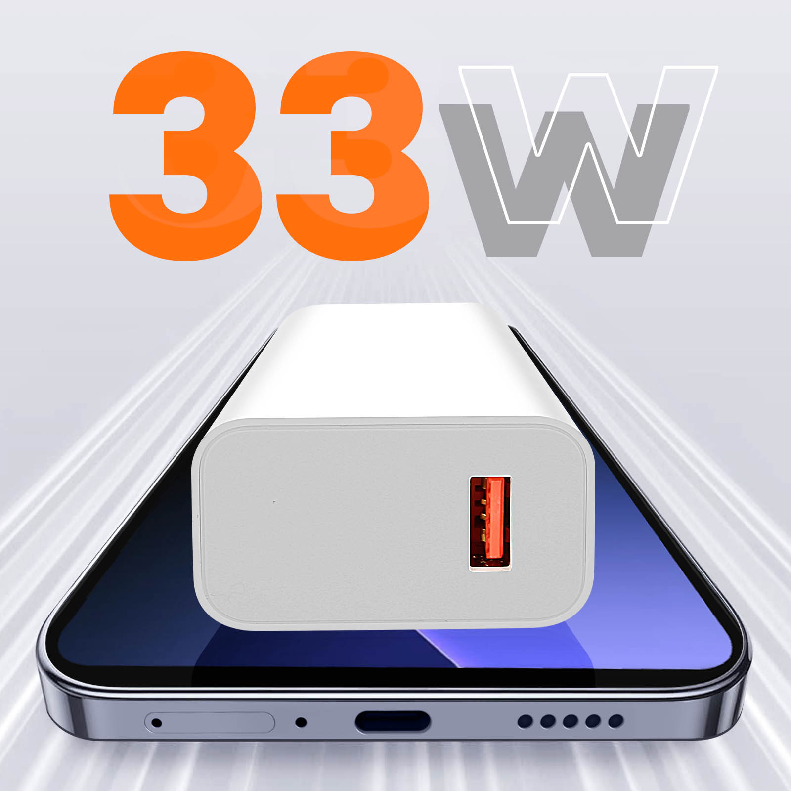 Weißes Ladegerät auf einem Telefon mit orangefarbenem 33W-Text.
