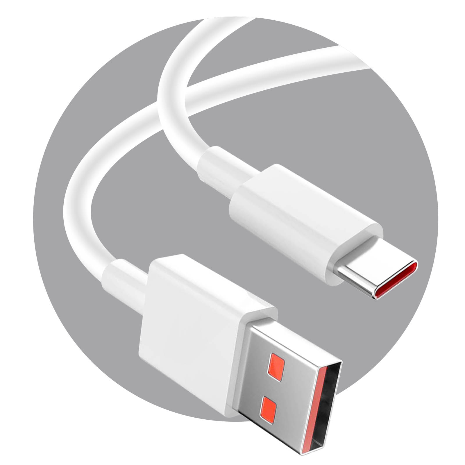 Weißes USB-Kabel mit USB-C- und USB-A-Anschlüssen. Das USB-C hat einen roten Innenraum.