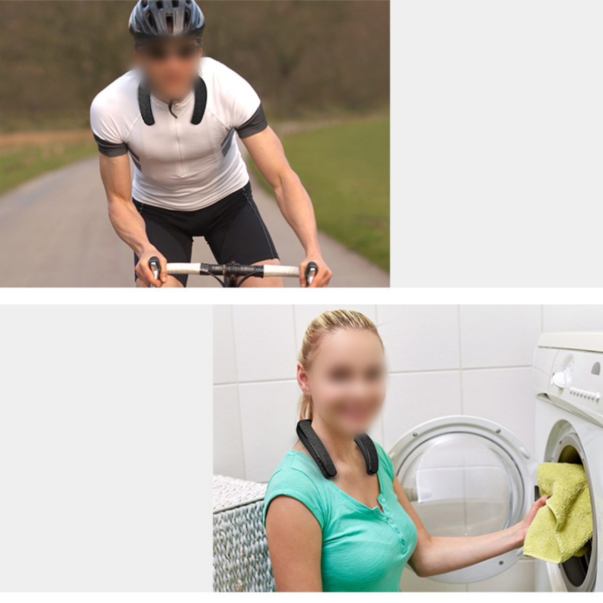 Zwei Bilder: Radfahrer und Frau, die einen schwarzen Nackenventilator anlegt.