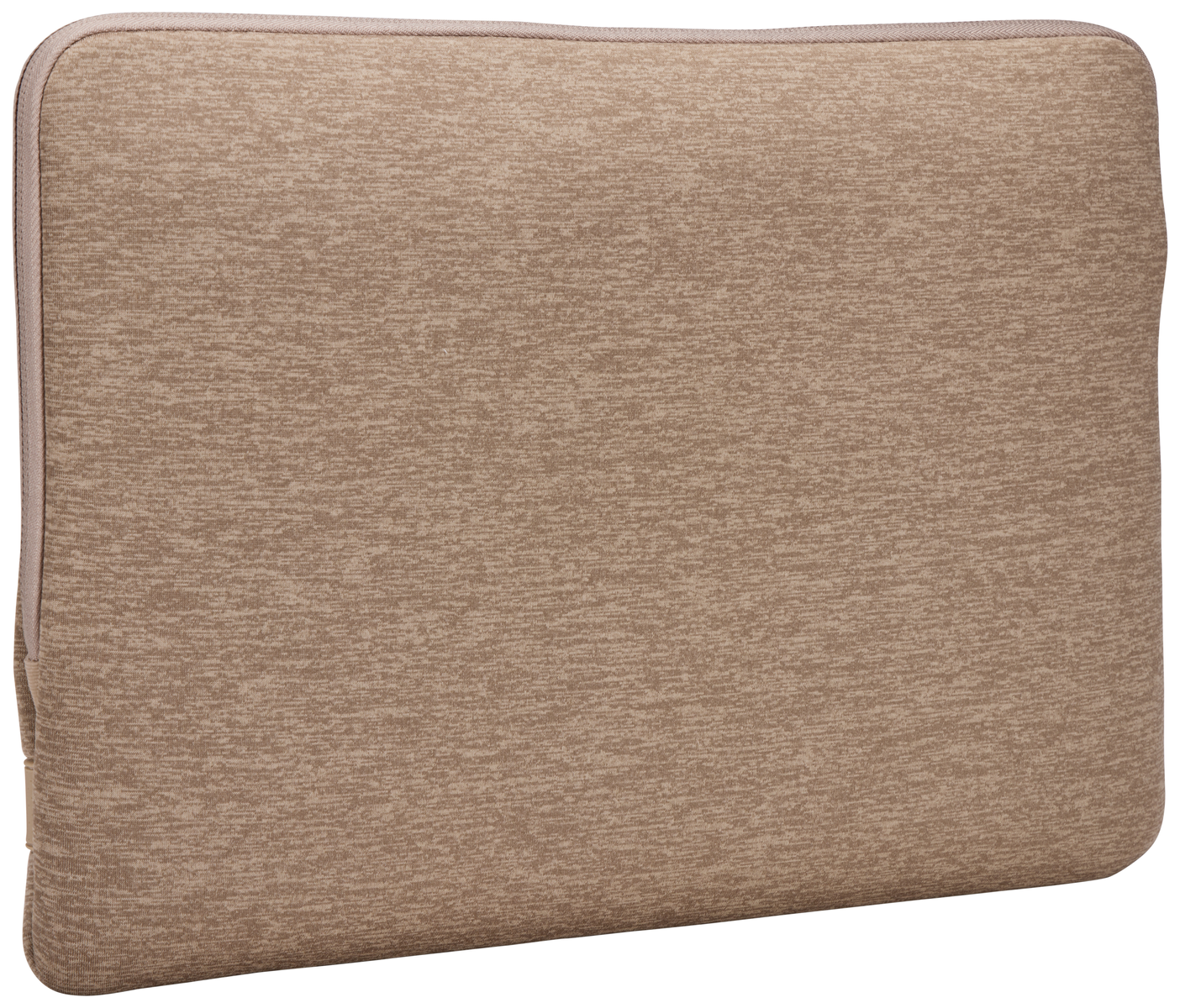 Custodia rettangolare beige per laptop. La custodia ha una superficie strutturata e una cerniera.