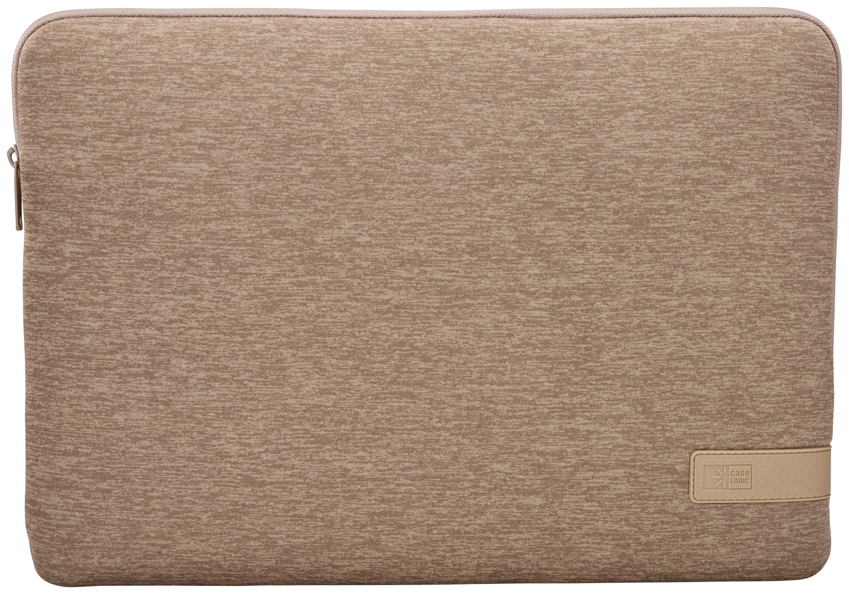 Custodia beige per laptop con chiusura a zip ed etichetta.