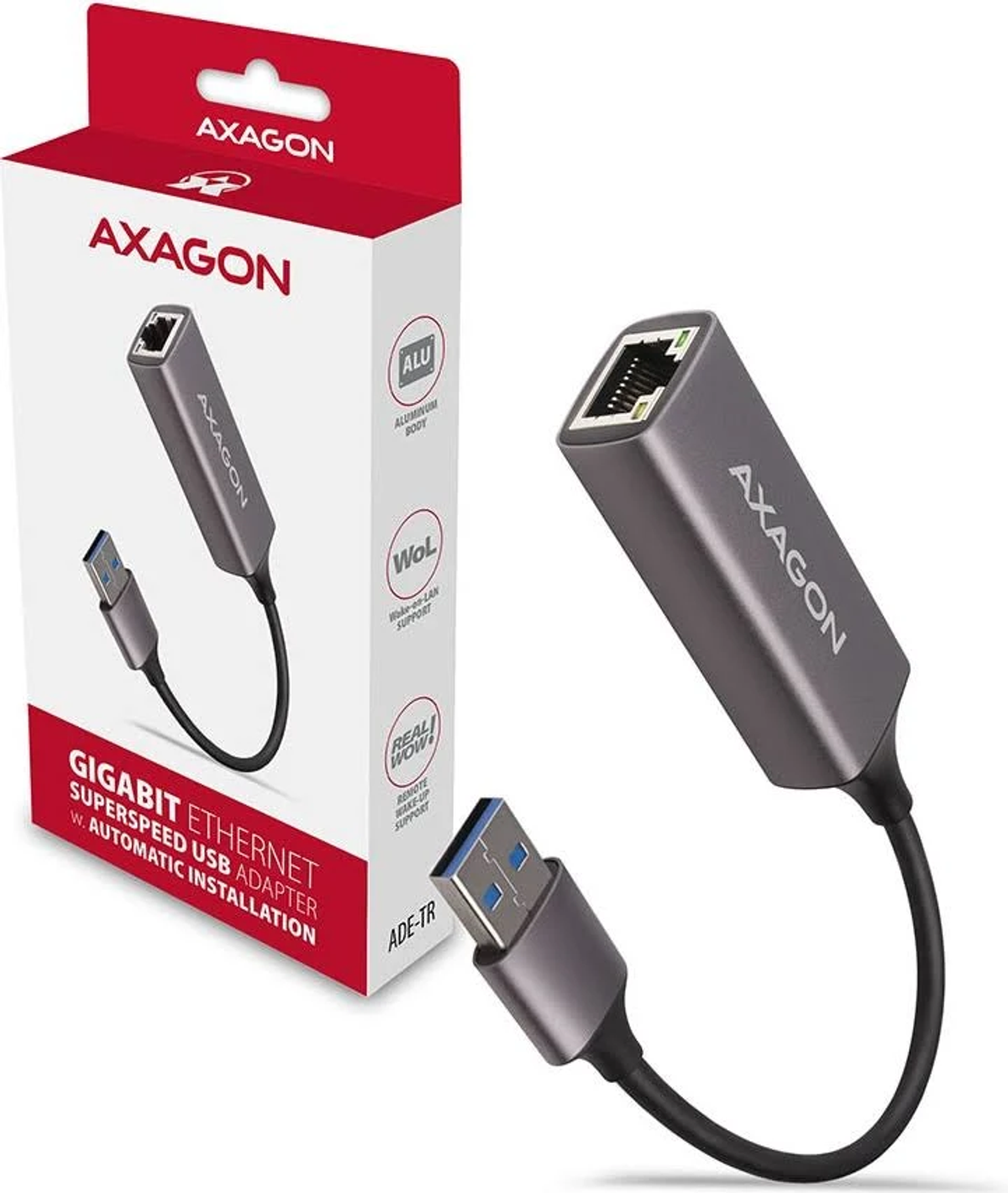 Szary adapter Gigabit Ethernet Axagon z USB. Pudełko pokazuje cechy produktu.