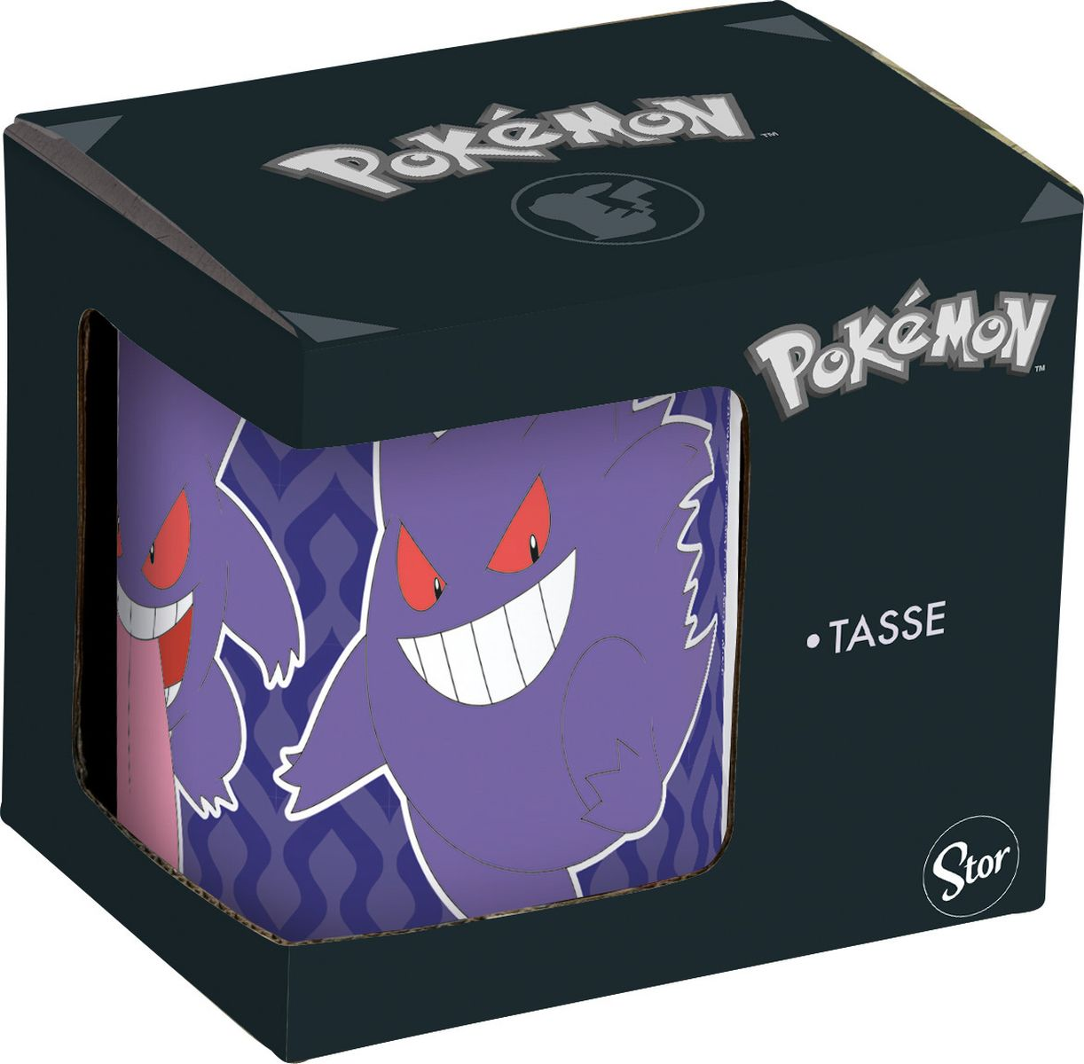 Pokemon-Tasse in einer Box mit lila Gengar-Design.