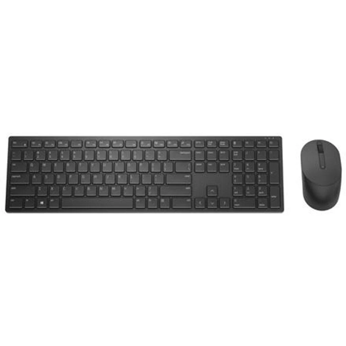 Tastiera e mouse wireless neri su sfondo bianco. Tastiera con tastierino numerico. Il mouse è ovale.