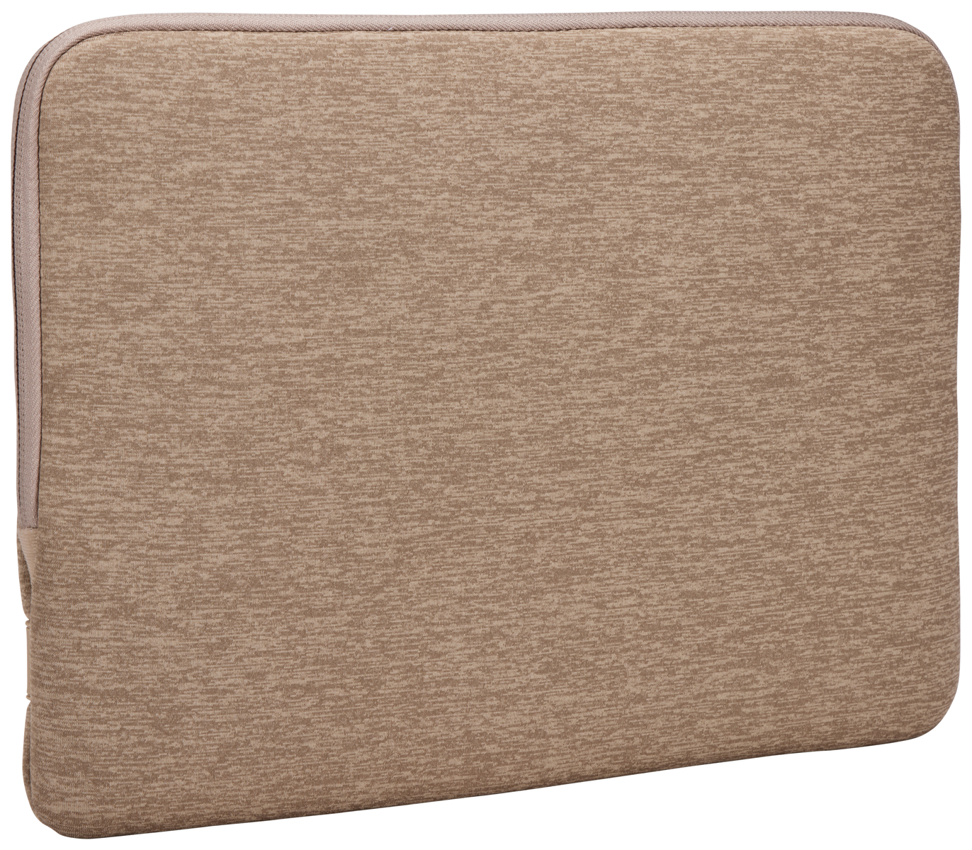 Housse d'ordinateur portable beige avec fermeture éclair, sur fond blanc.