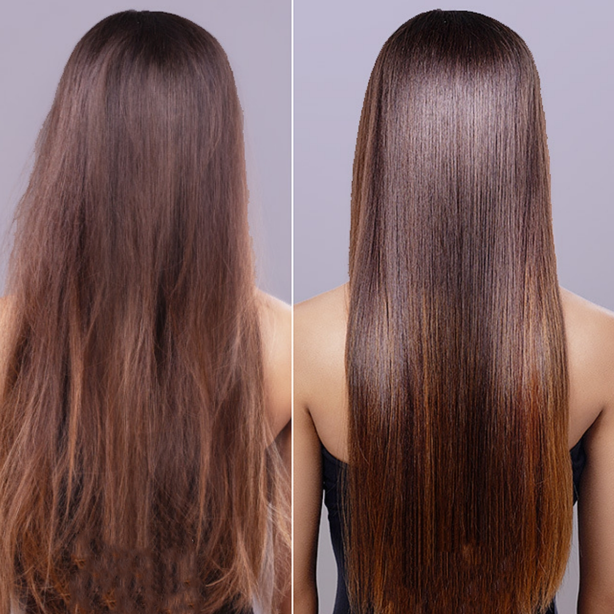 Vorher-Nachher-Vergleich von Haaren. Links: krauses, braunes Haar. Rechts: glattes, braunes Haar.
