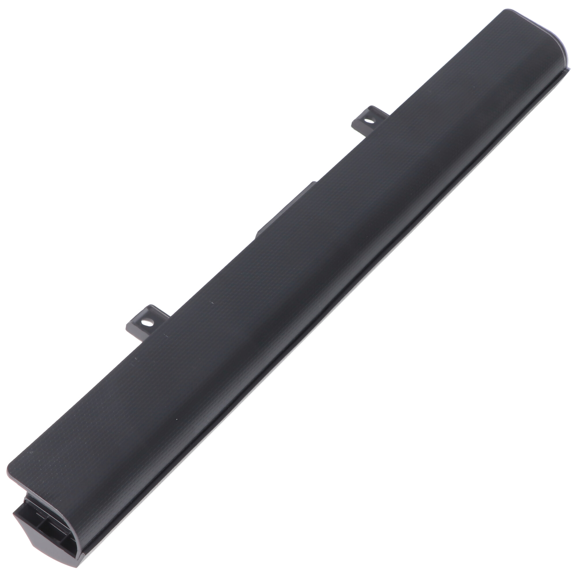 Schwarze Laptop-Batterieabdeckung. Die Abdeckung ist rechteckig mit Befestigungspunkten und leicht gebogen.