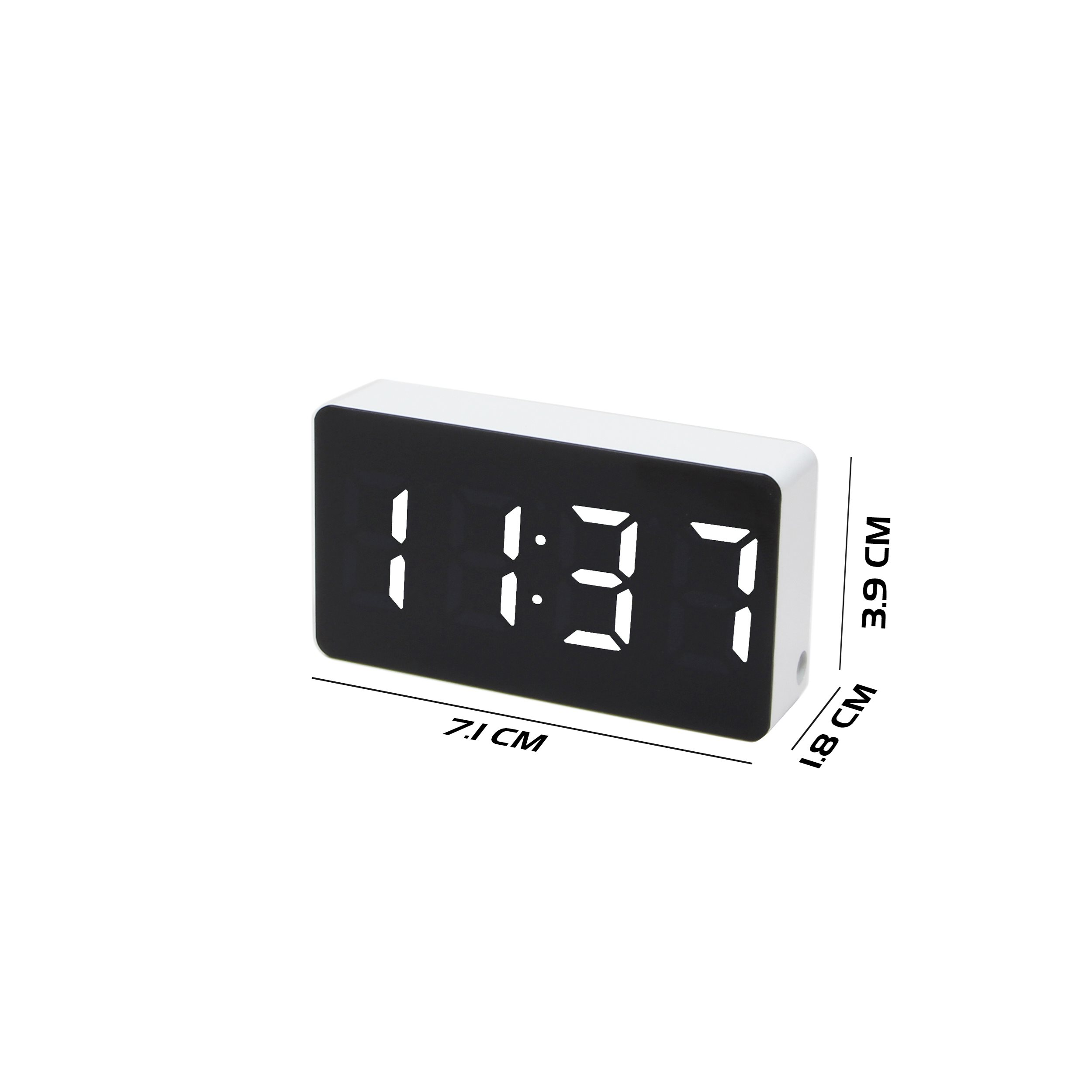 Eine weiße Digitaluhr, die 11:37 anzeigt. Abmessungen: 7,1 cm x 3,9 cm x 1,8 cm.