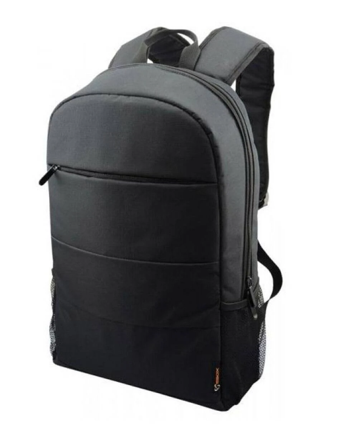 Uno zaino nero con diversi scomparti e tasche laterali in rete su sfondo bianco.