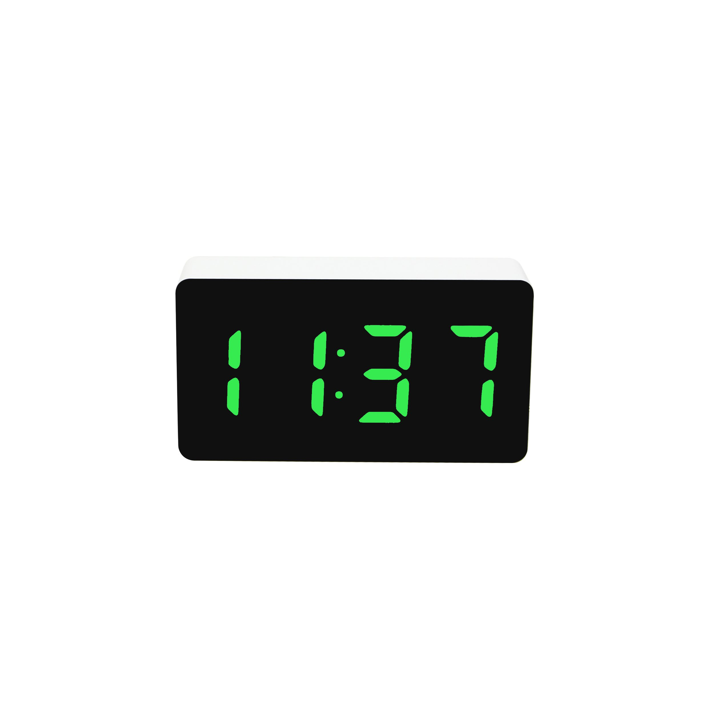 Eine Digitaluhr, die 11:37 in grünen Ziffern auf weißem Hintergrund anzeigt.