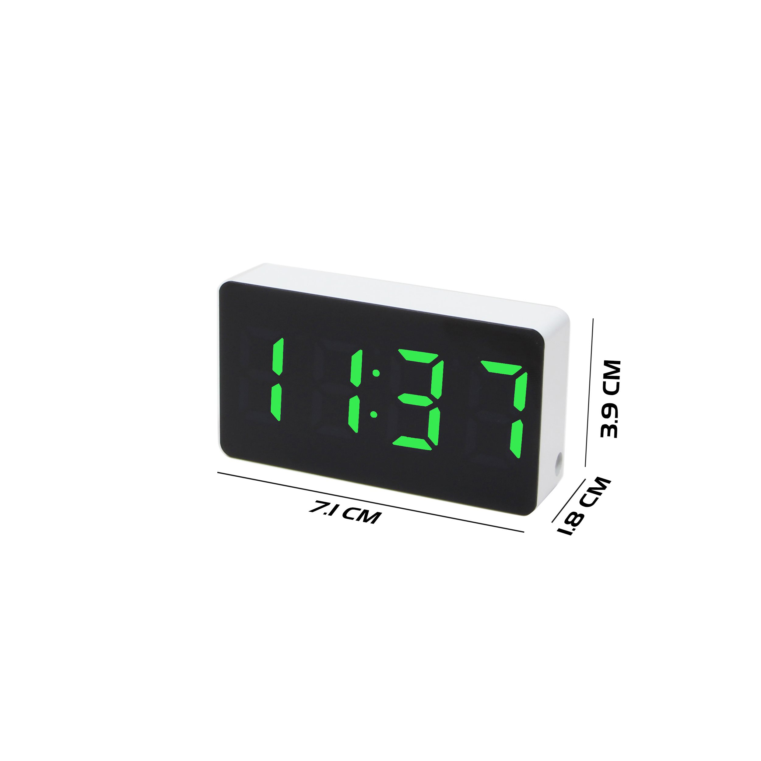 Eine weiße Digitaluhr mit der Anzeige 11:37 in grünen Ziffern, Abmessungen in cm.