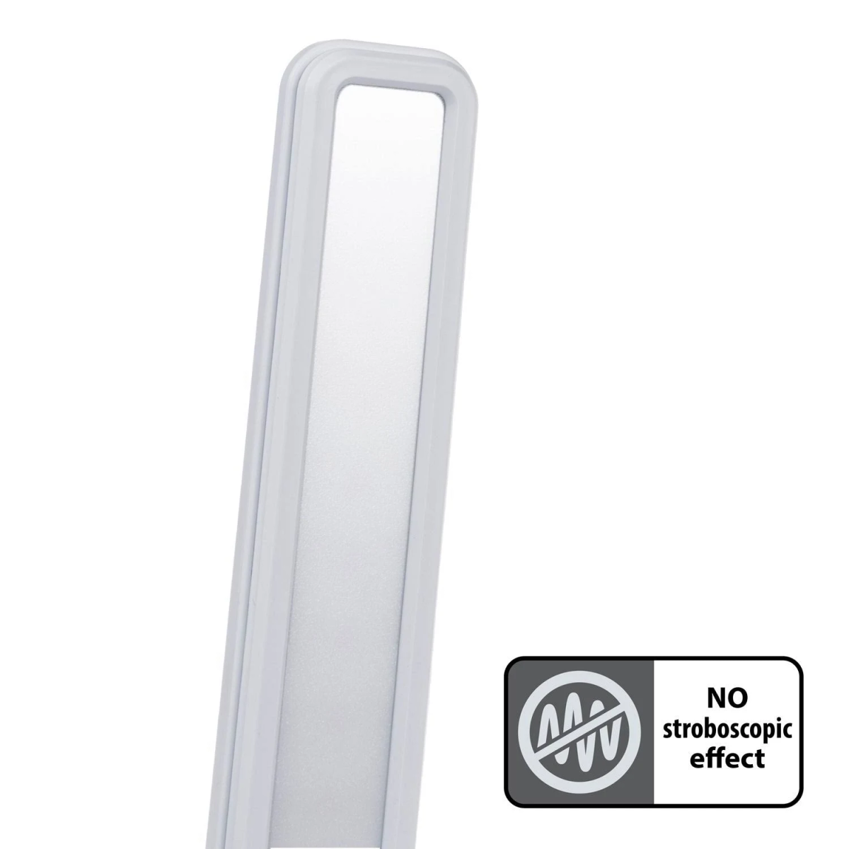 Apparecchio di illuminazione a LED bianco, forma rettangolare, con un'etichetta che indica nessun effetto stroboscopico.
