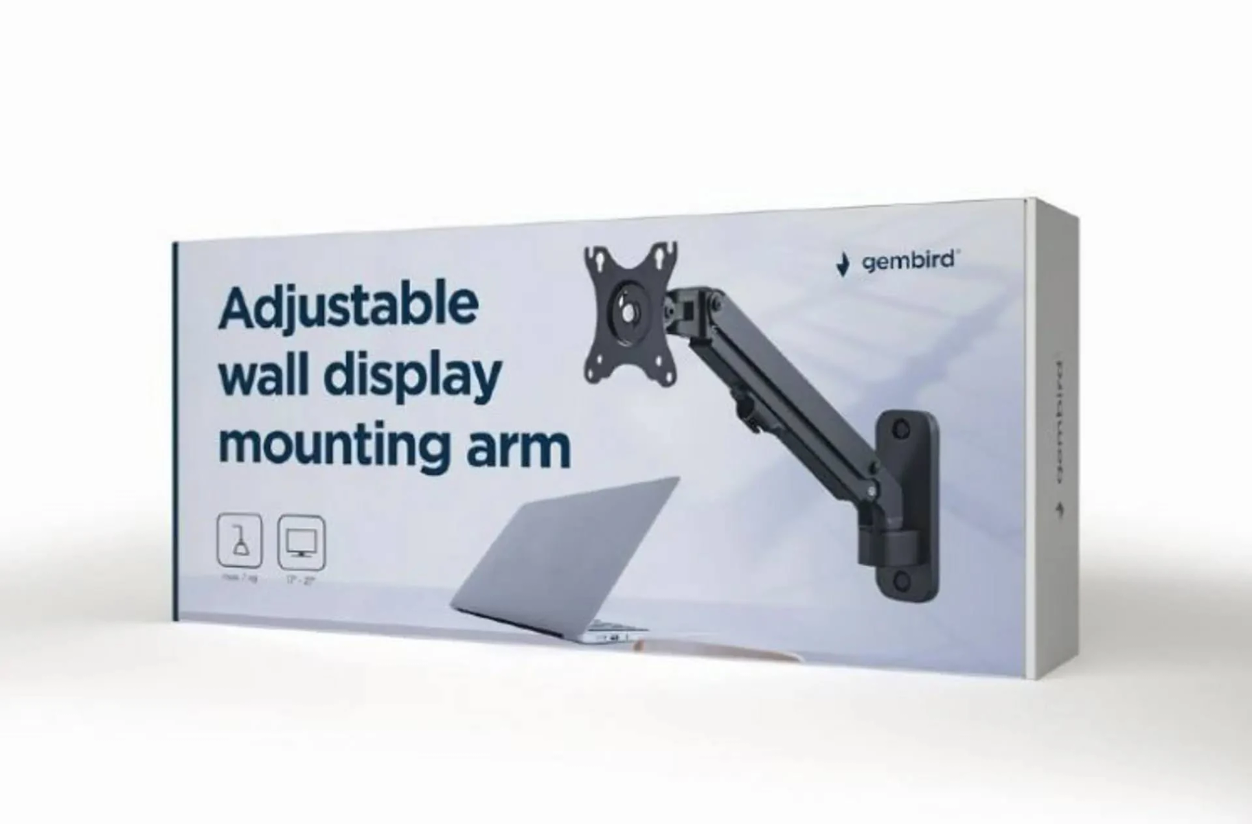 Une boîte montrant un bras de montage mural pour écran. Le bras est noir, avec un ordinateur portable affiché.