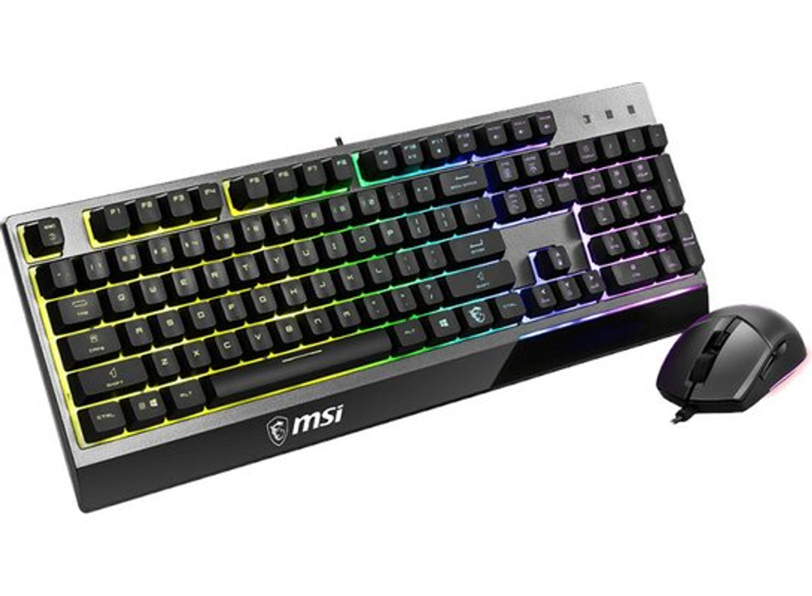 Tastiera e mouse da gioco neri e argento. La tastiera ha luci colorate. Logo MSI sulla tastiera.