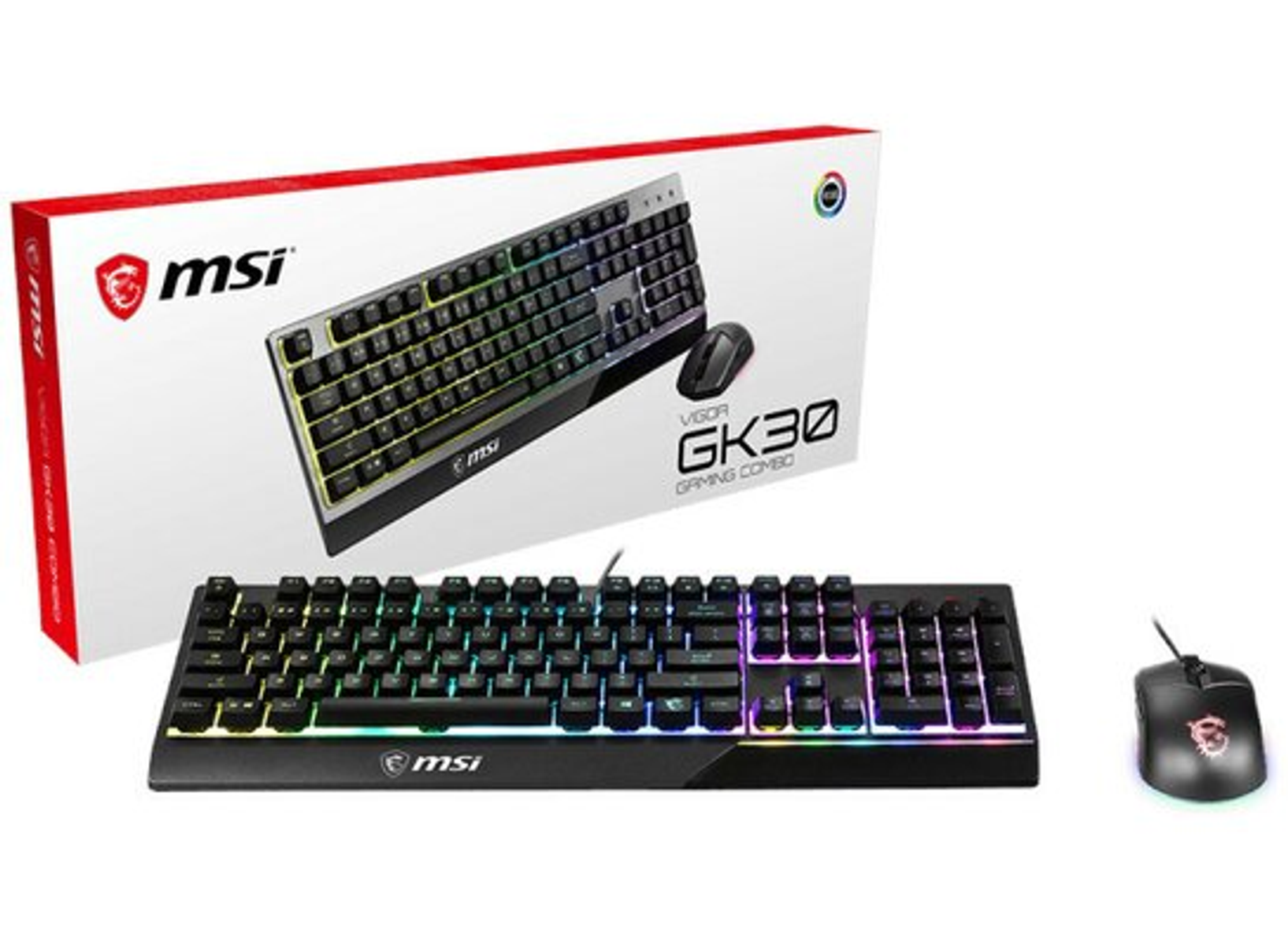Combo tastiera e mouse gaming MSI Vigor GK30 nella sua scatola, con illuminazione RGB.