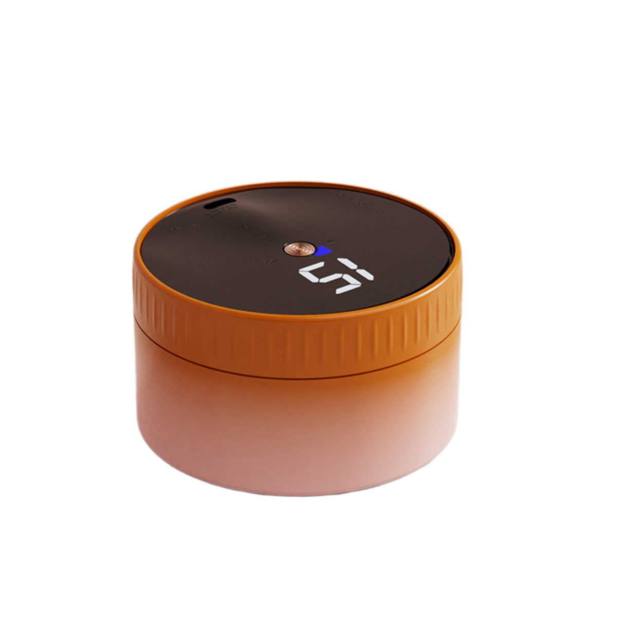Ein kleiner, runder Behälter mit digitaler Anzeige. Es hat orange und braune Farben.