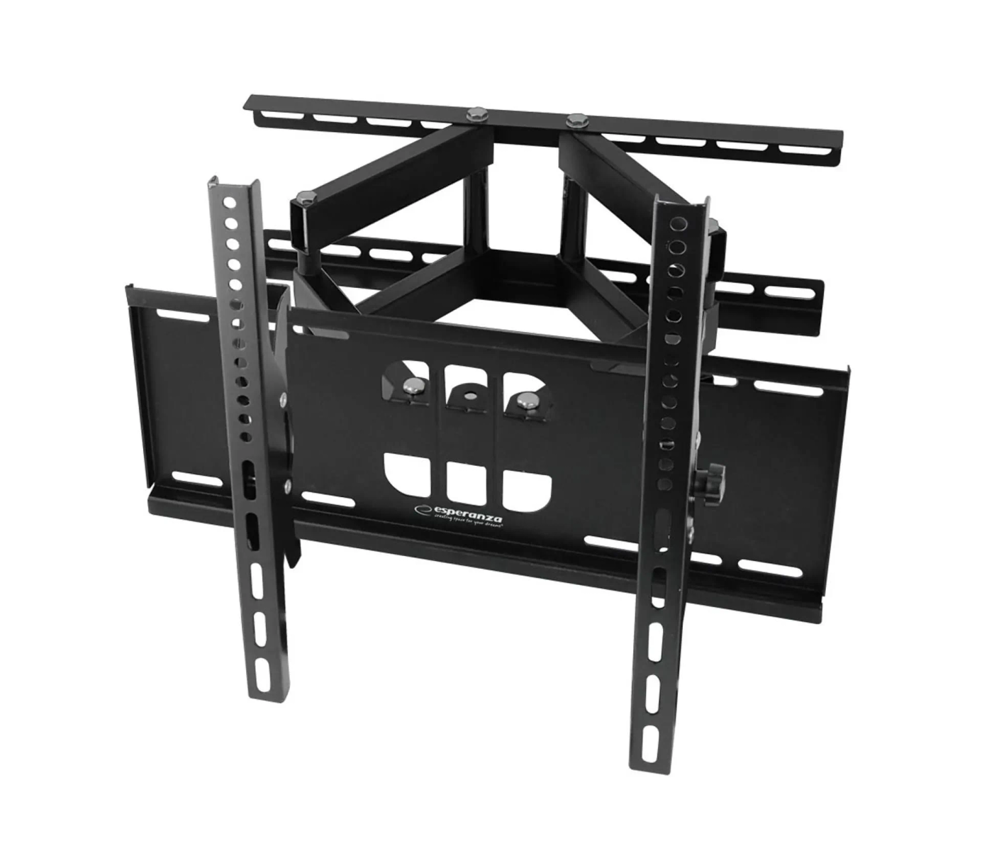 Eine schwarze TV-Wandhalterung mit verstellbaren Armen und Halterungen. Sie befindet sich auf weißem Hintergrund.