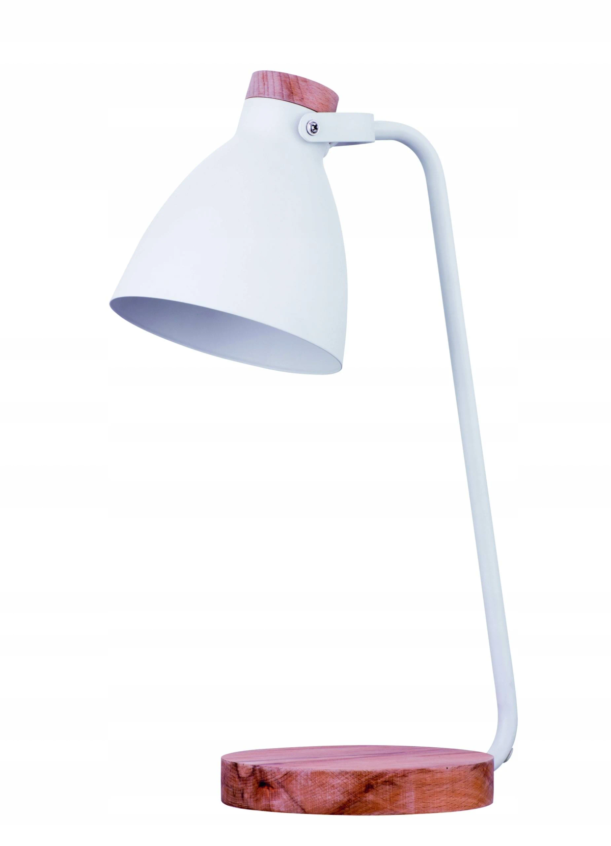 Weiße Schreibtischlampe mit Holzsockel und gebogenem Arm.