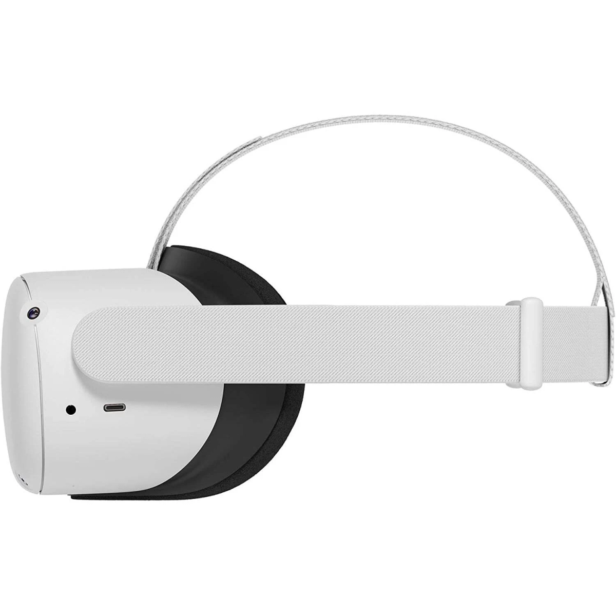 Weiße VR-Brille, Seitenansicht, mit weißem Riemen und schwarzer Polsterung.