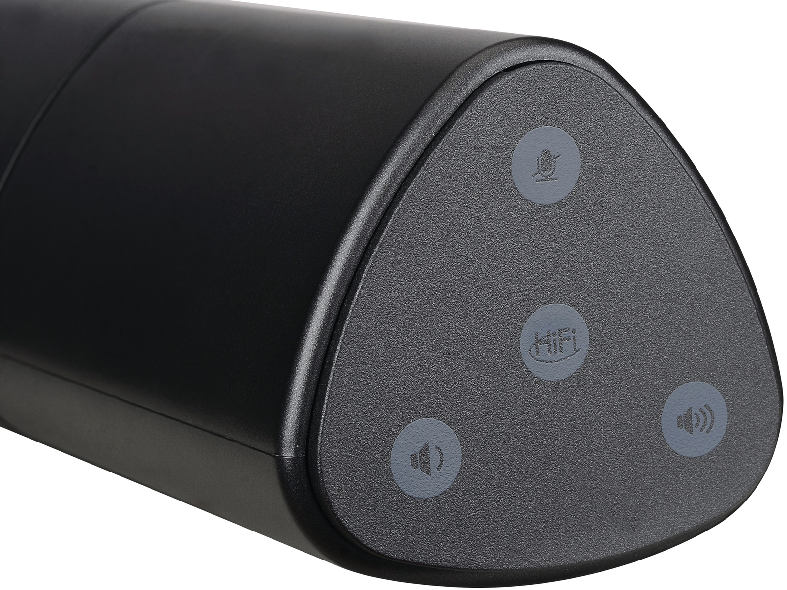 Czarny soundbar z trzema przyciskami z symbolami mikrofonu, HiFi i głośnika.
