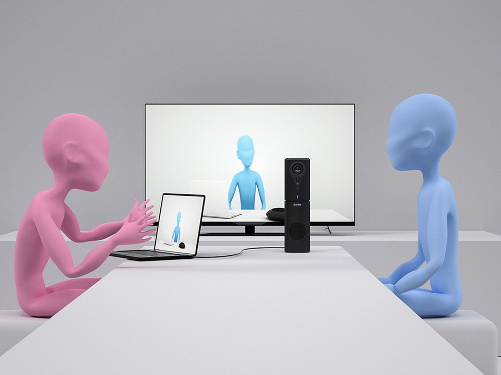 Dwie animowane postacie w wideokonferencji. Używany jest laptop i ekran.