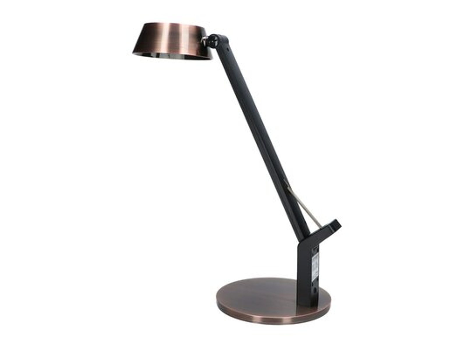 Lampada da scrivania regolabile, rame e nero. Sfondo bianco.