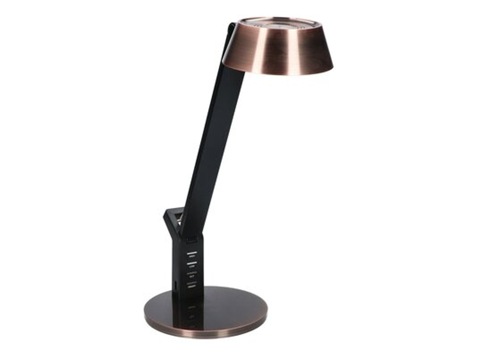 Lampada da scrivania moderna con paralume e base bronzo, braccio nero e porte USB sullo stelo.