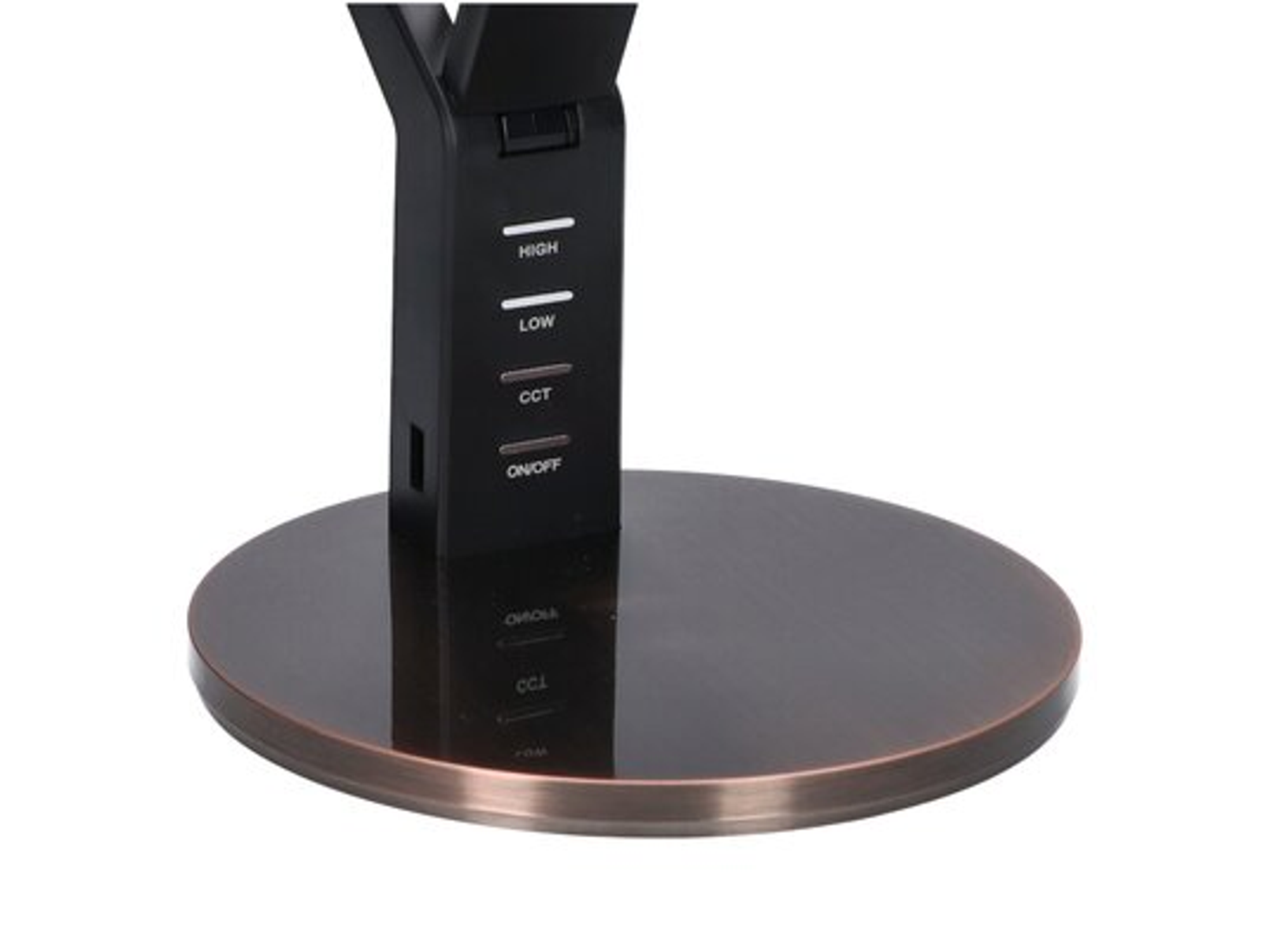 Una lampada da scrivania nera con una base rotonda color bronzo e controlli sullo stelo.