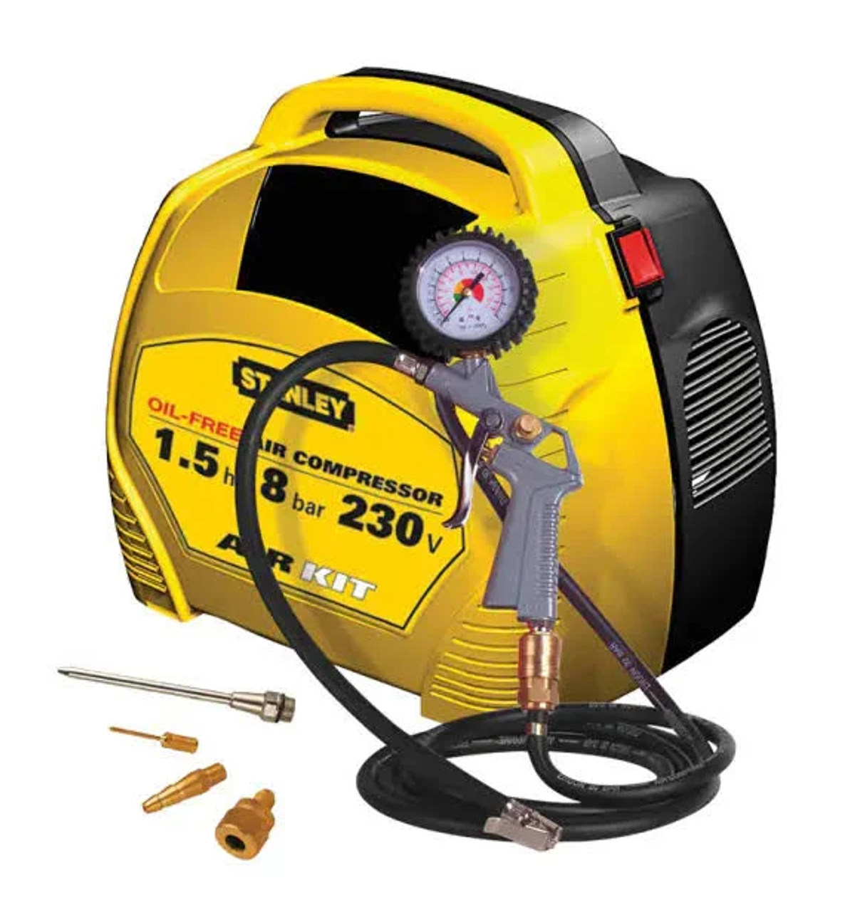 Yellow air compressor with attachments. Black hose and gauge.