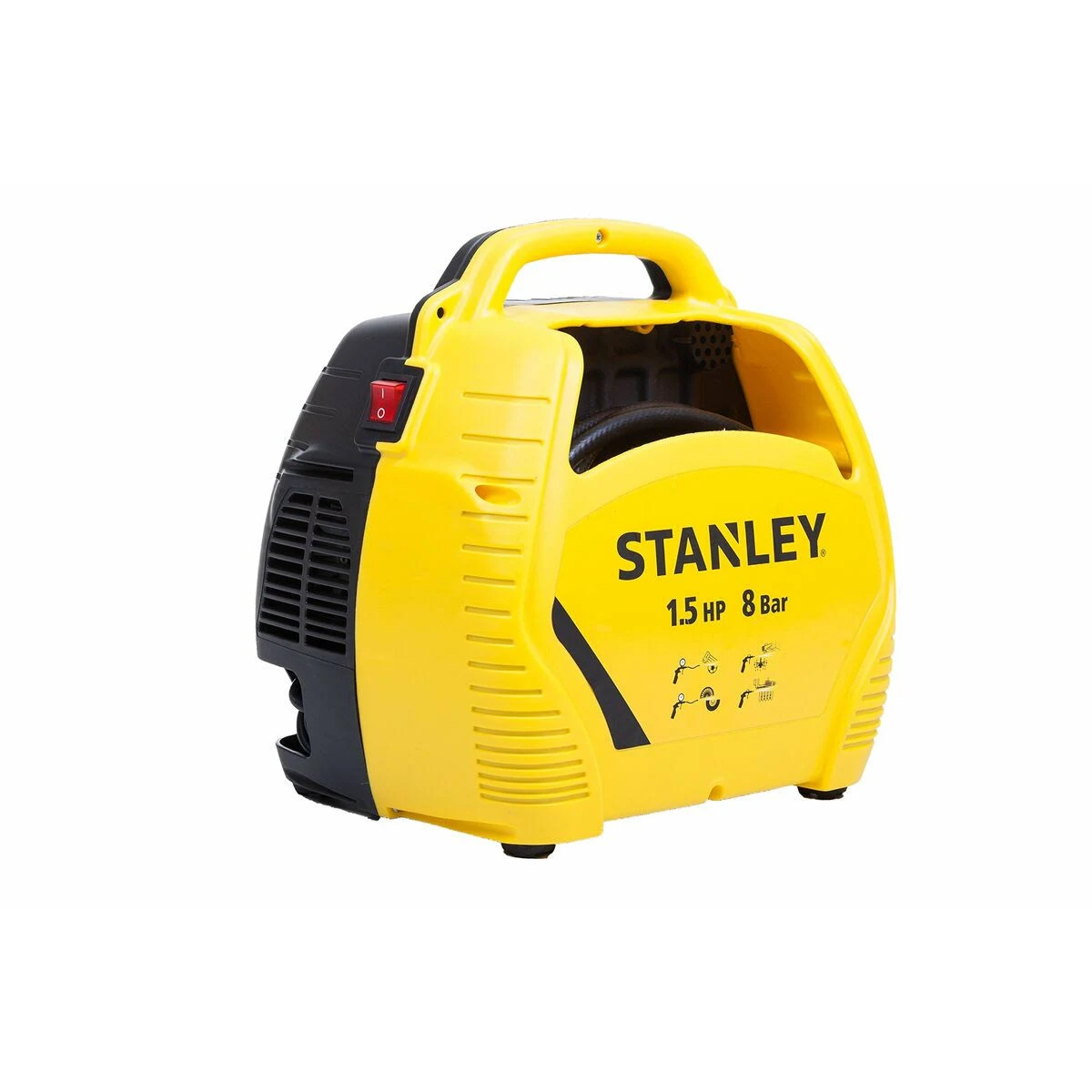 A yellow and black portable generator with the text 'STANLEY 1.5 HP 8 Bar'.