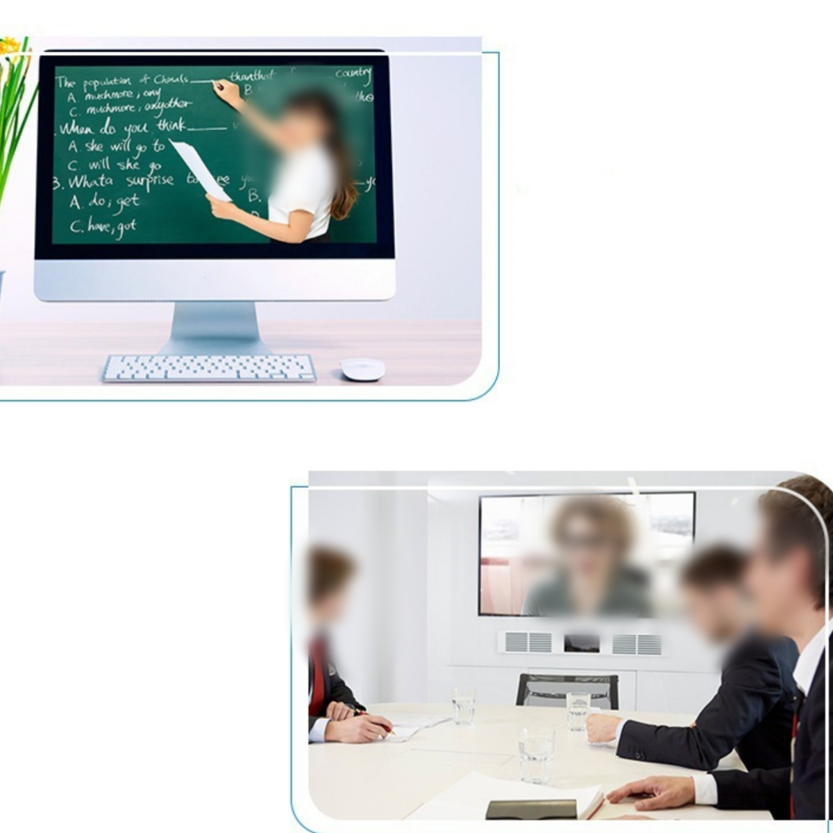 Zwei Bilder zeigen Online-Lernen. Eines ist ein Computerbildschirm mit einem Lehrer. Das andere ist ein Meeting.