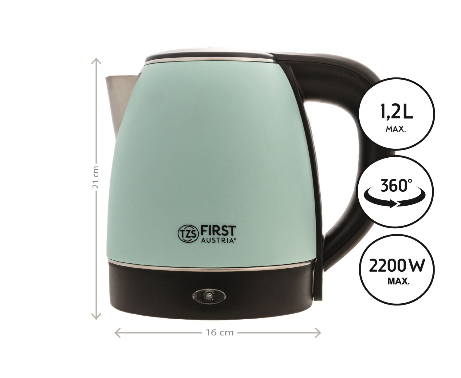 Ein türkisfarbener Wasserkocher mit schwarzem Griff und Boden. Spezifikationen: 1,2 l max, 2200 W max, 360° Sockel.
