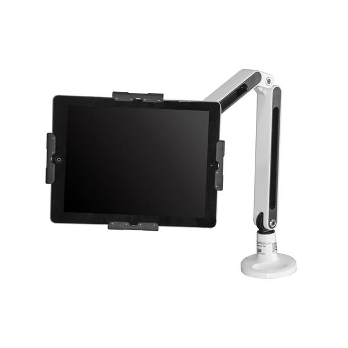 Tablet mit schwarzem Bildschirm auf einem Ständer montiert. Der Ständer ist weiß und schwarz und hat eine Basis.