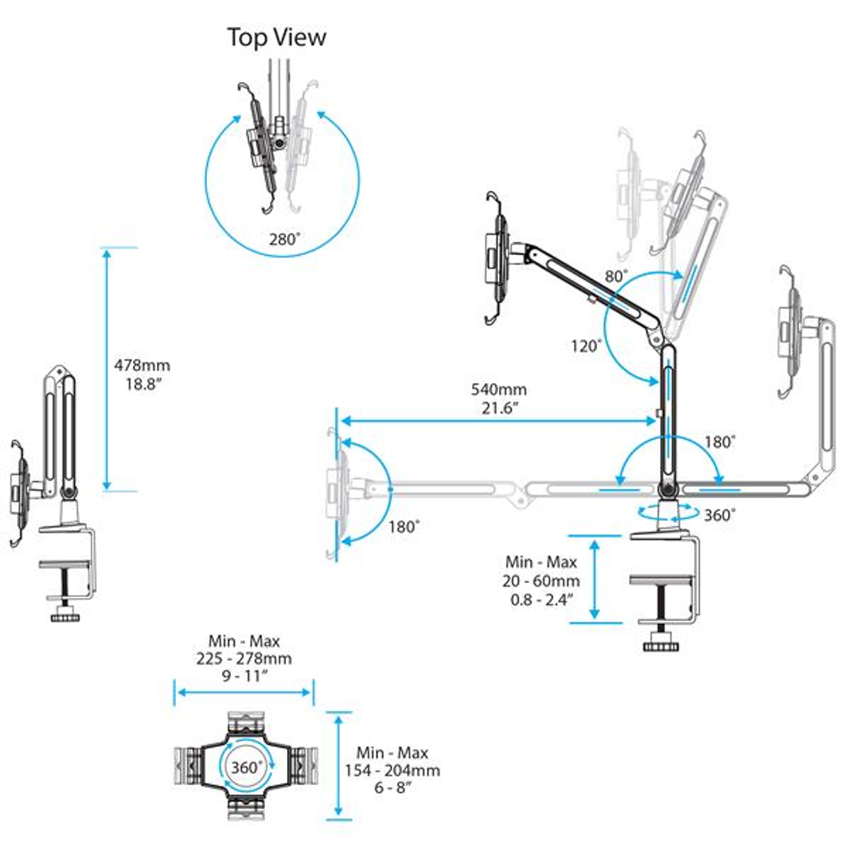 Diagramm mit Messungen für einen Monitorarm. Beinhaltet Ansichten aus verschiedenen Winkeln mit Messungen.